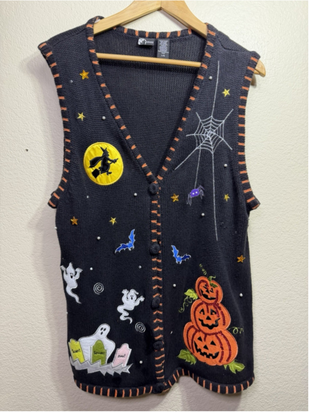 Vtg 90s Basic Editions Halloween Knit Vest L Black Pumpkins Ghost Witches Spider